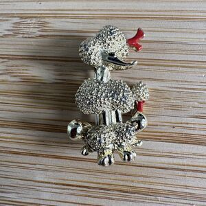 Vintage Gold Tone Poodle Brooch – Red Bow Figural Dog Pin – Mid-Century Style
